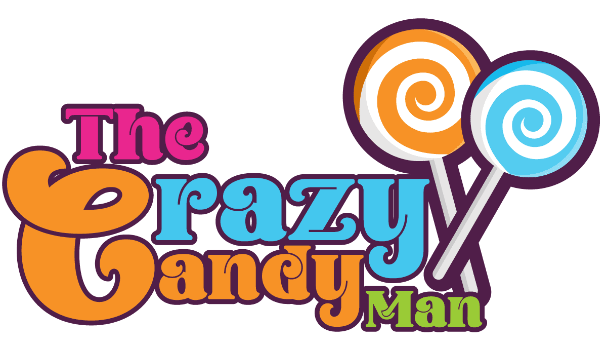 Colorful logo for The Crazy Candy Man with a lollipop.