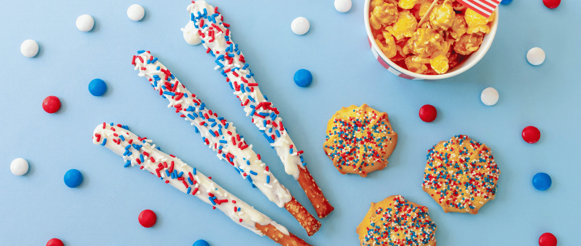 Festive snacks with red, white, blue sprinkles.