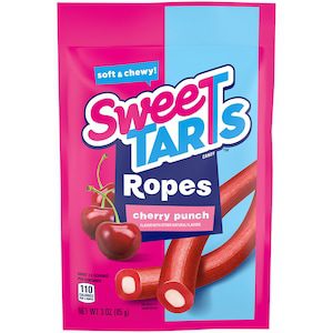 Sweet Tarts Ropes cherry candy in bright packaging.