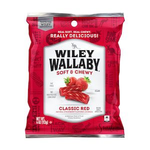 A red bag of Wiley Wallaby soft & chewy classic red candy.