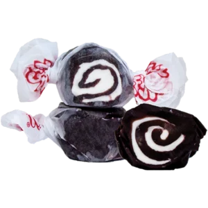 Chocolate swirl candies with floral wrappers.
