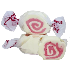 Pink and white spiral hard candies wrapped in clear plastic.