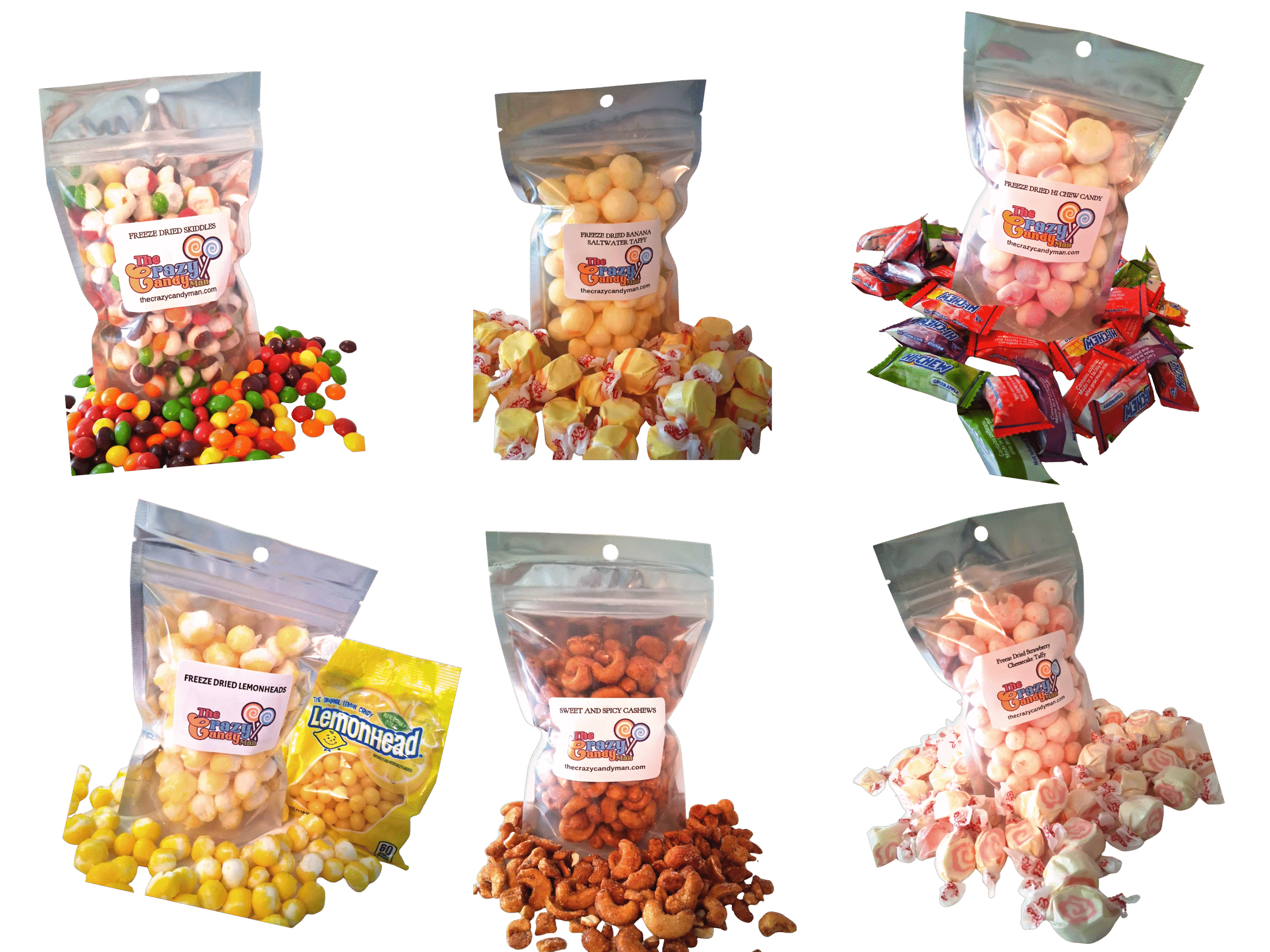 Various flavored packaged popcorn bags with colorful designs.