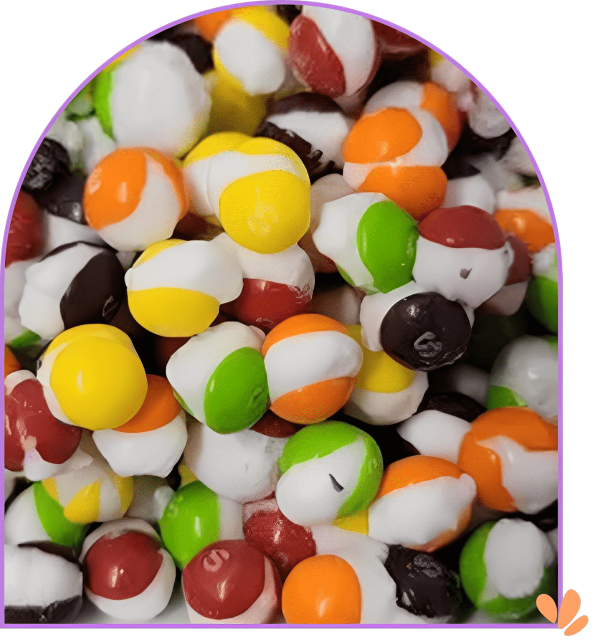 Colorful candy-coated chocolates in various colors and stripes.