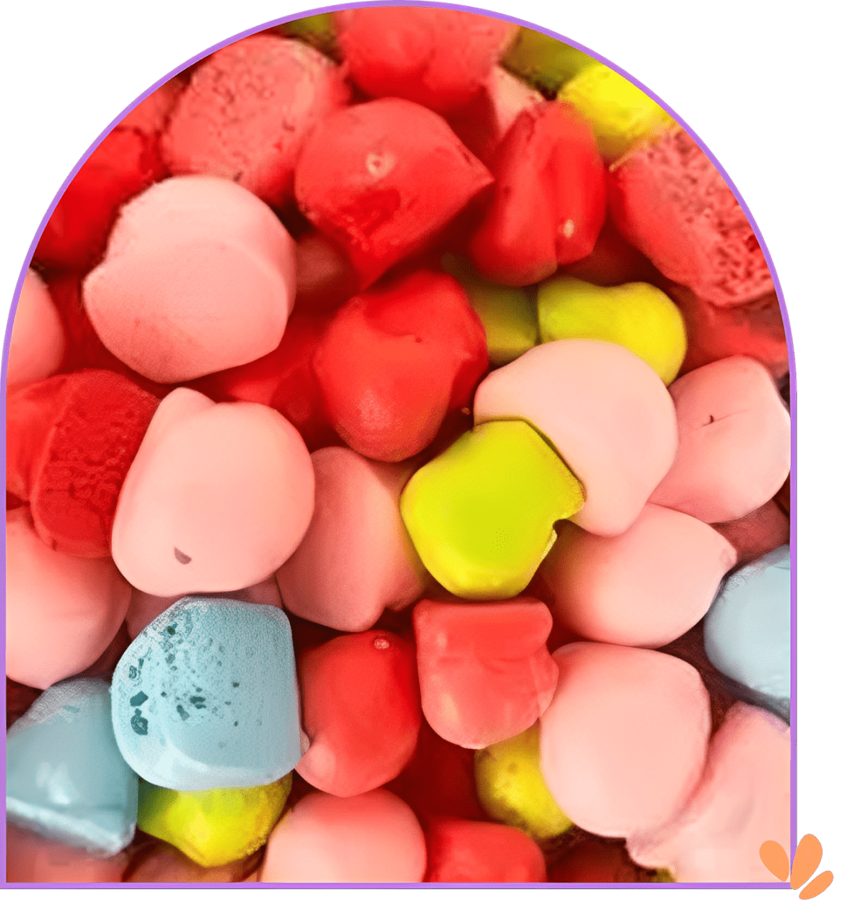 Colorful heart-shaped candies in various pastel shades.
