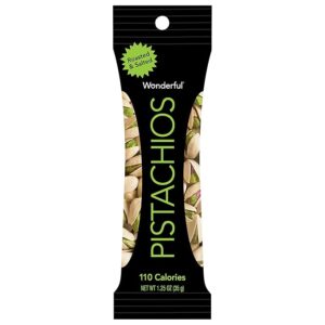 A black package of Wonderful brand pistachios with a green seal.